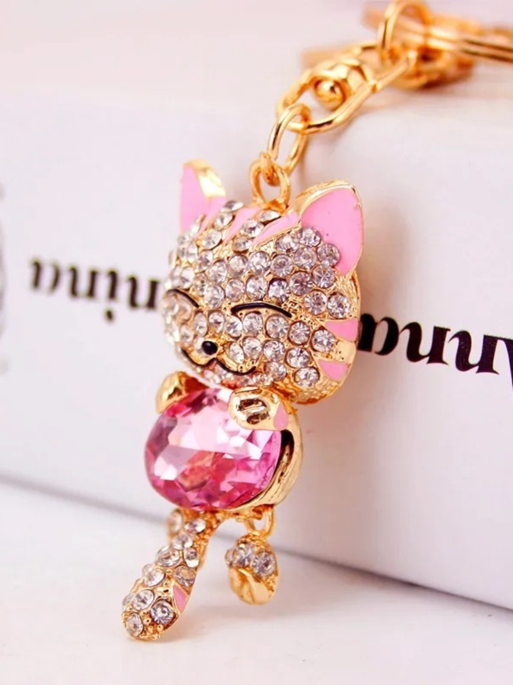 Gold Pink Crystal Cat Pendant Keychain - Cute Pink Cat Charm